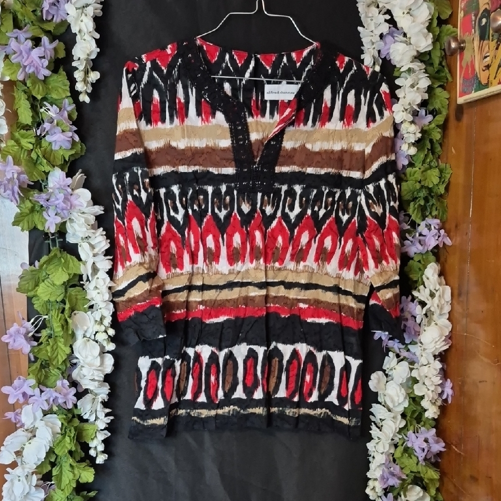 Alfred Dunner Multicolor Ikat Print Blouse - Black, Red, Brown, White